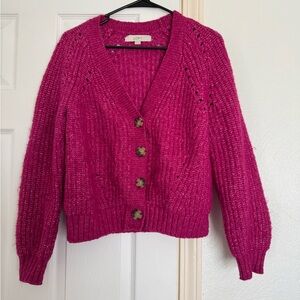 LOFT Fuchsia Button-Front Chunky Knit Cardigan